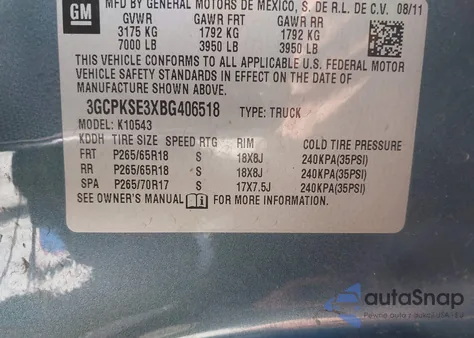 2011 Chevrolet Silverado 1500 Lt z USA, uszkodzony, nr VIN 3GCPKSE3XBG406518